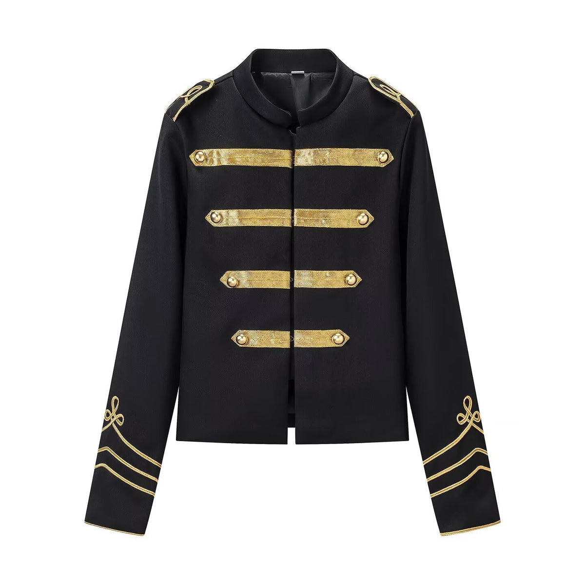 Women's military-inspired short jacket with stand-up collar and golden braid trimmings Fashion Glam
