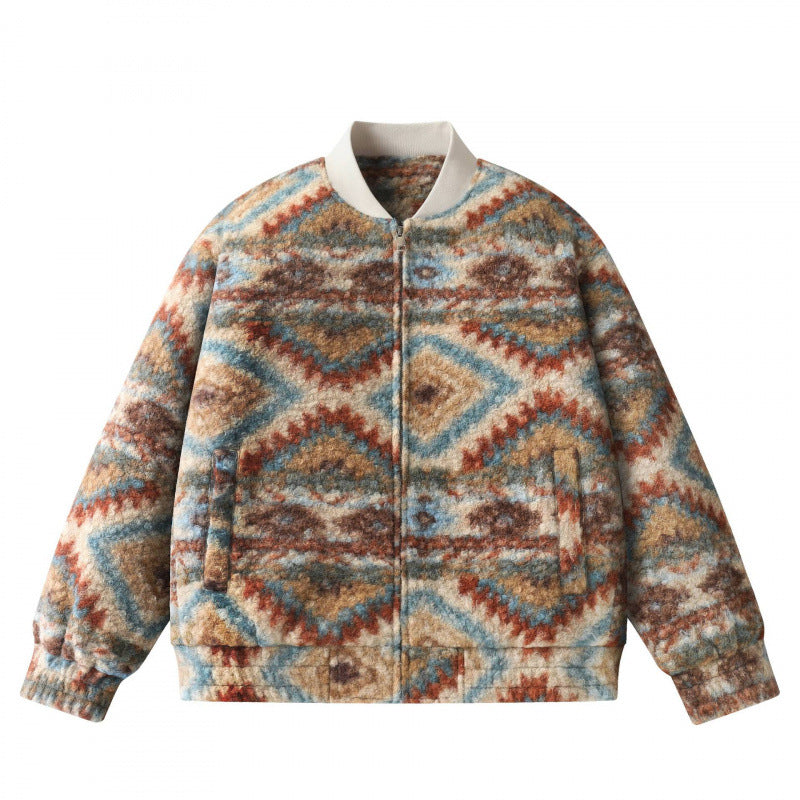 Unisex Boxy Fleece Bomber Jacket with Aztec Pattern and Zipper Fashion Glam