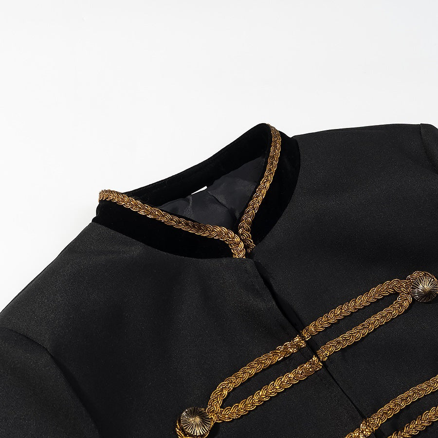 Women's Cropped Parade Military Jacket with Gold Decorative Cord, Stand-Up Collar and Velvet Trim Fashion Glam