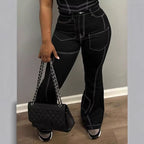 Ladies High-Waist Flared Jeans with Contrast Stitches and Cargo Inserts Fashion Glam