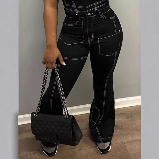 Ladies High-Waist Flared Jeans with Contrast Stitches and Cargo Inserts Fashion Glam