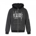 Unisex Striped Hooded Zip Jacket with Faux Fur Hood and Statement Front Print Fashion Glam