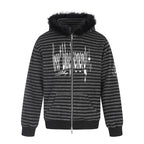 Unisex Striped Hooded Zip Jacket with Faux Fur Hood and Statement Front Print Fashion Glam
