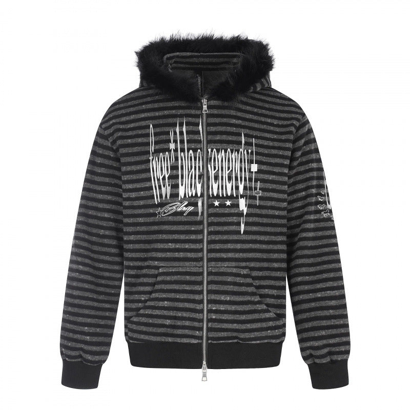 Unisex Striped Hooded Zip Jacket with Faux Fur Hood and Statement Front Print Fashion Glam