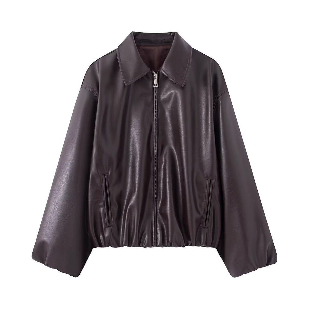 Women Oversize Faux Leather Blouson with Zipper and Elastic Hem Fashion Glam