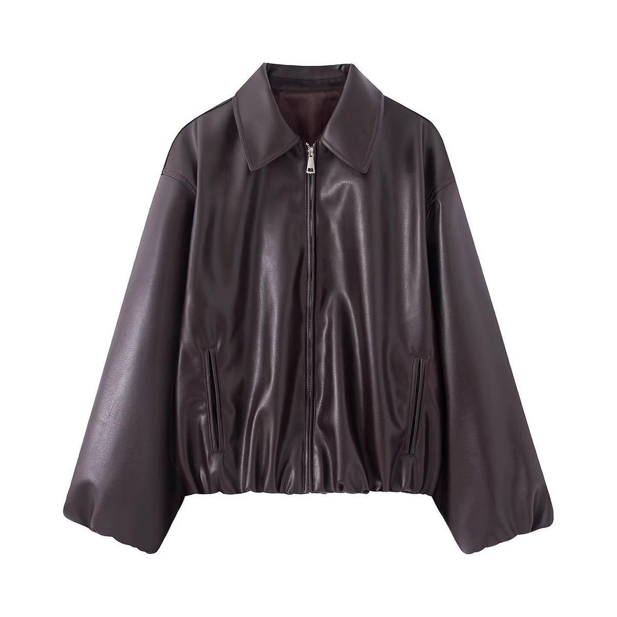 Women Oversize Faux Leather Blouson with Zipper and Elastic Hem Fashion Glam