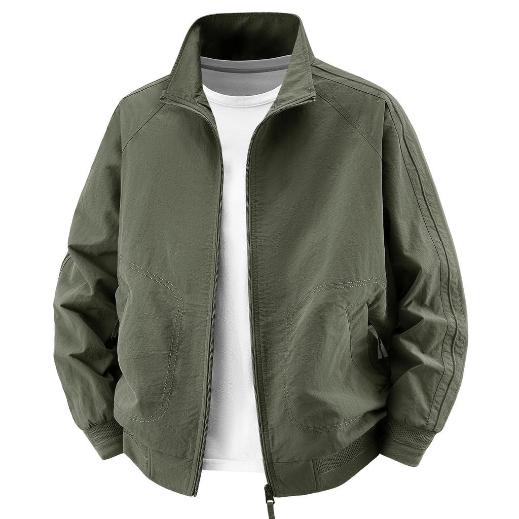Men's Light Utility Bomber Jacket with High Stand Collar and Large Round Pockets Fashion Glam