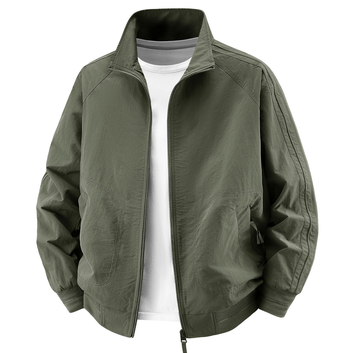 Men's Light Utility Bomber Jacket with High Stand Collar and Large Round Pockets Fashion Glam