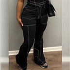 Ladies High-Waist Flared Jeans with Contrast Stitches and Cargo Inserts Fashion Glam