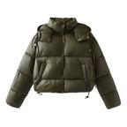 Women Shiny Cropped Puffer Jacket with Drawstring and Snap Button Placket Fashion Glam