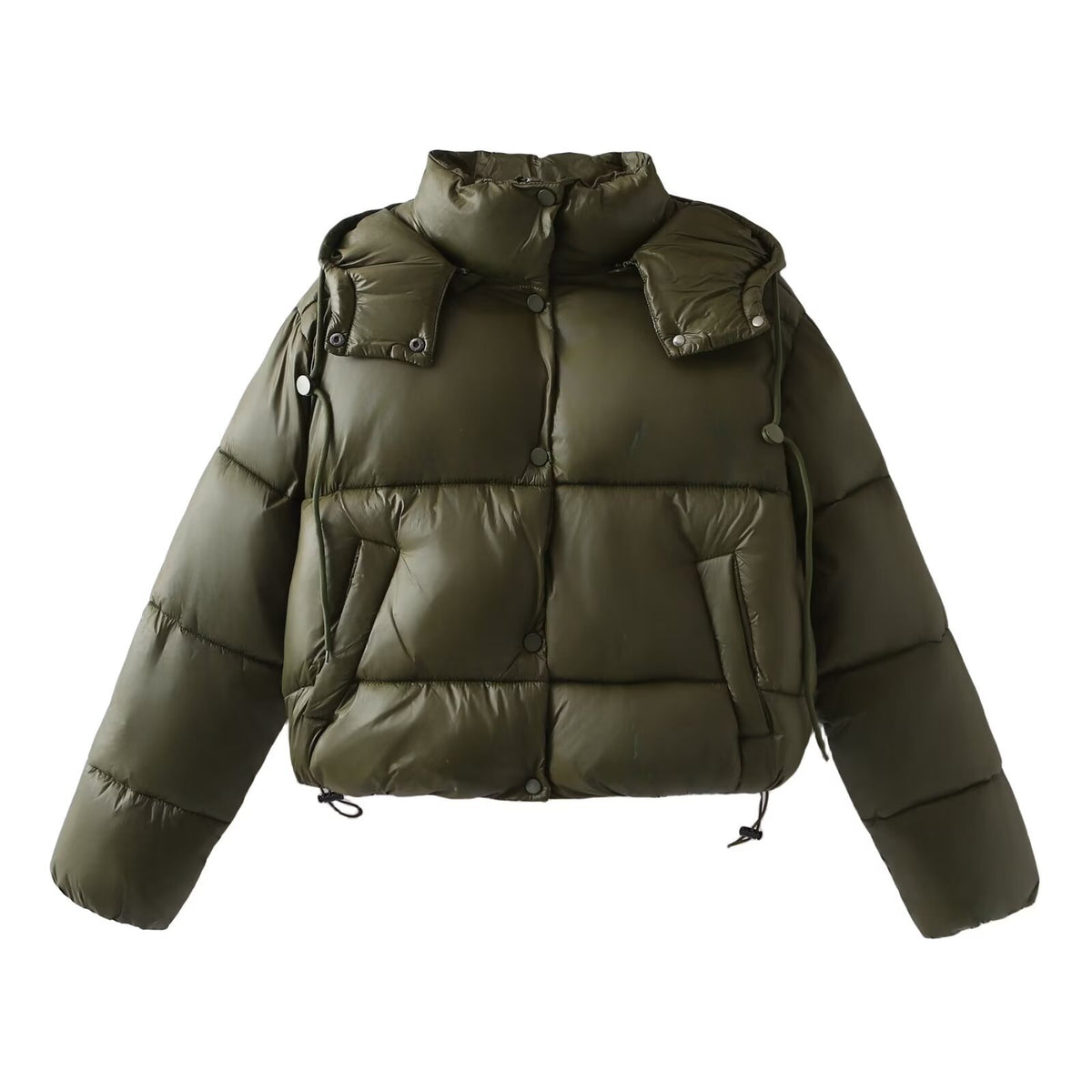 Women Shiny Cropped Puffer Jacket with Drawstring and Snap Button Placket Fashion Glam