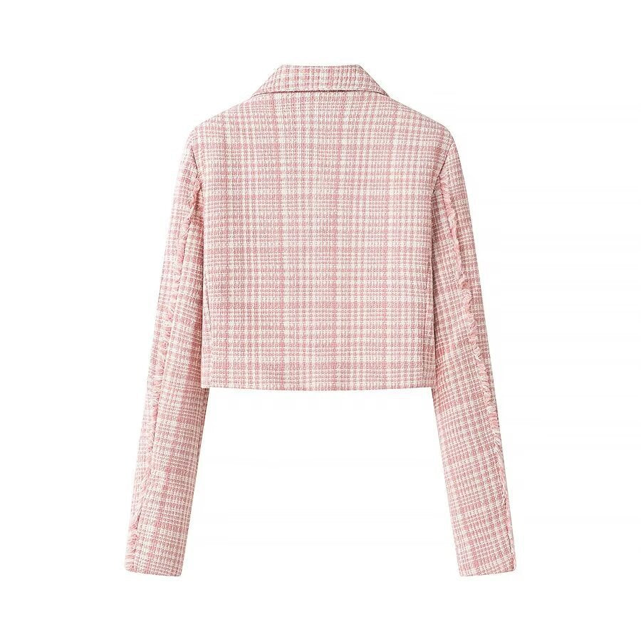 Women's Short Cut Boucle Blazer with Double Breasted Decorative Button Placket and Textured Weave Look Fashion Glam