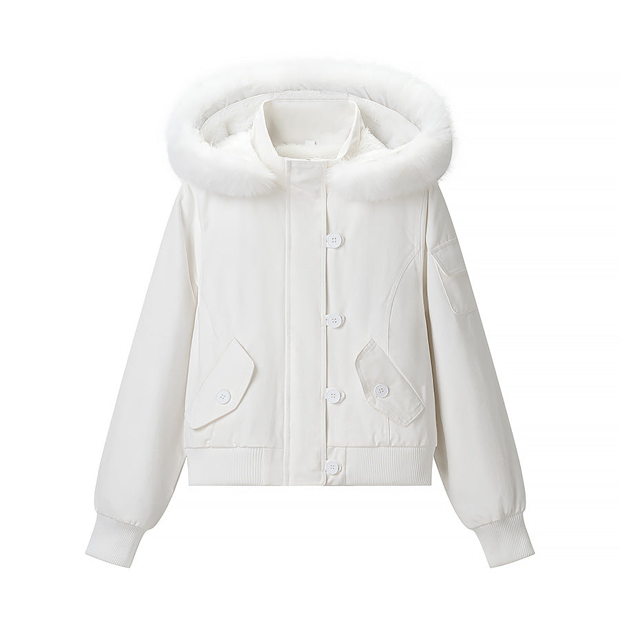 Women's short cut winter bomber jacket with hood and faux fur trim Fashion Glam