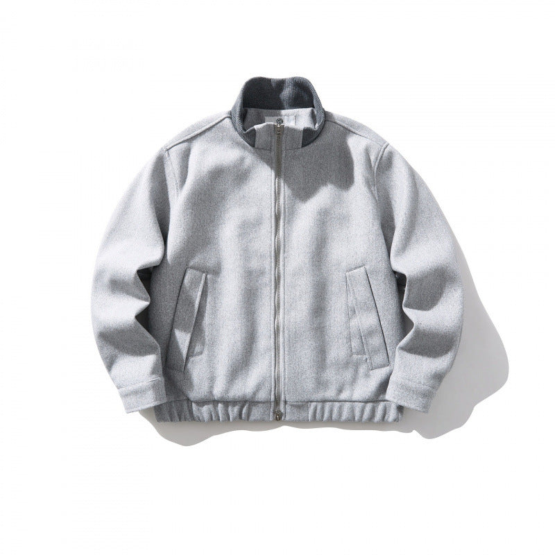 Unisex Boxy-Wool Blend Jacket with Stand-Up Collar and Elastic Hem Fashion Glam