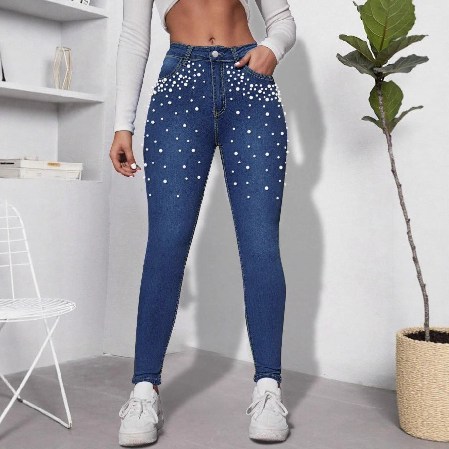 Women's high-waisted shaping skinny jeans with pearl embellishment Fashion Glam