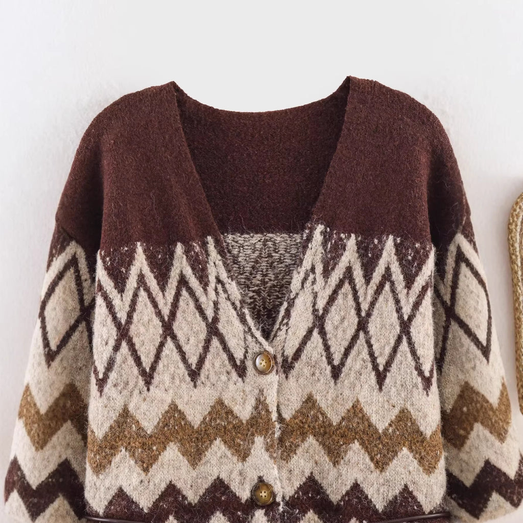 Women's Patterned Knit Cardigan with V-Neck, Button Placket and Waistband Fashion Glam