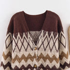 Women's Patterned Knit Cardigan with V-Neck, Button Placket and Waistband Fashion Glam