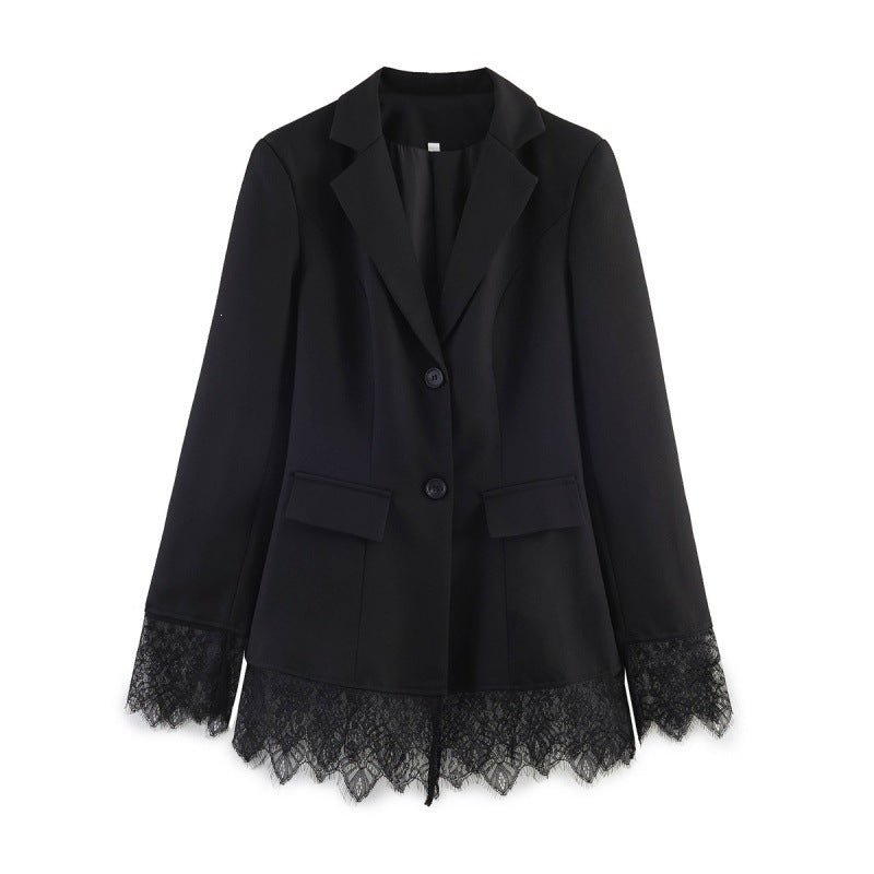 Women tailored blazer with lace trim and flared hem Fashion Glam