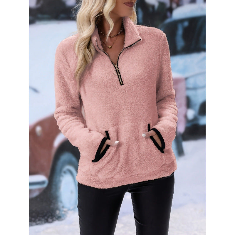 Women's fluffy fleece cuddle pullover with half zipper, kangaroo pocket and stand-up collar Fashion Glam