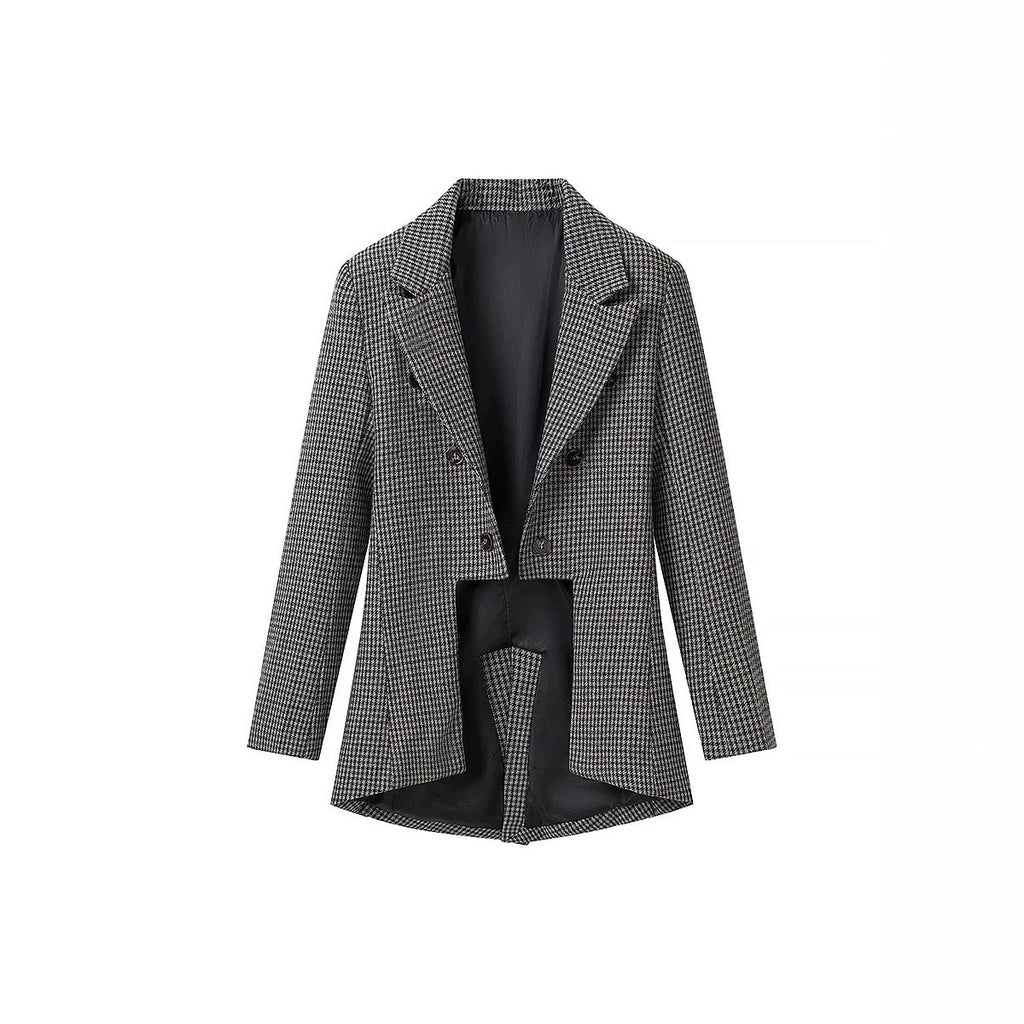 Women's Tailored Houndstooth Blazer with Tail and Lapel Collar Fashion Glam