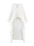 Women's maxi dress with asymmetric ruffle trim, V-neck and long ruffle sleeves Fashion Glam