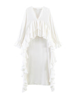 Women's maxi dress with asymmetric ruffle trim, V-neck and long ruffle sleeves Fashion Glam