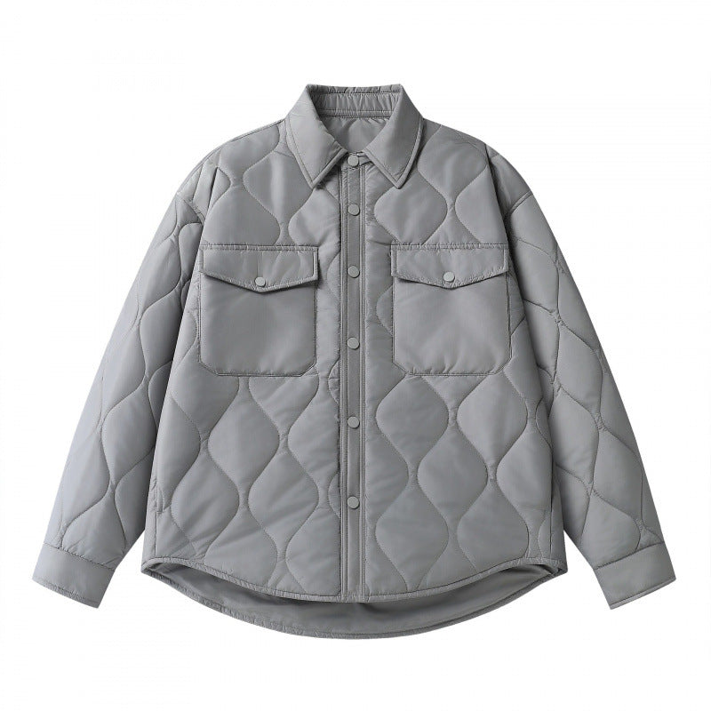 Unisex Padded Quilted Shirt Jacket with Flap Pockets and Curved Hem Fashion Glam