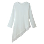 Women's Asymmetrical Long Sleeve Tunic with Lace Trim and Asymmetrical Hem Fashion Glam