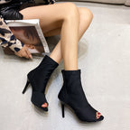Women's Open Toe Ankle Boots with Stretch Shaft and Slim Stiletto Heel Fashion Glam