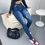 Women's High-Waisted Skinny Jeans with Multiple Button Placket, Ripped Details and Sculpting Stretch Cut Fashion Glam