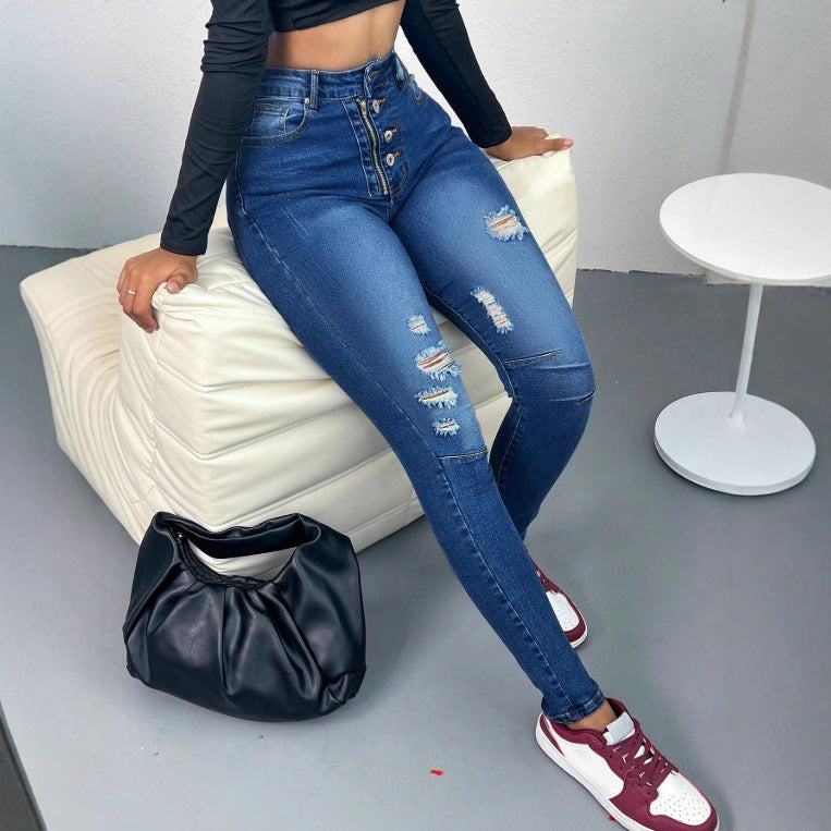 Women's High-Waisted Skinny Jeans with Multiple Button Placket, Ripped Details and Sculpting Stretch Cut Fashion Glam