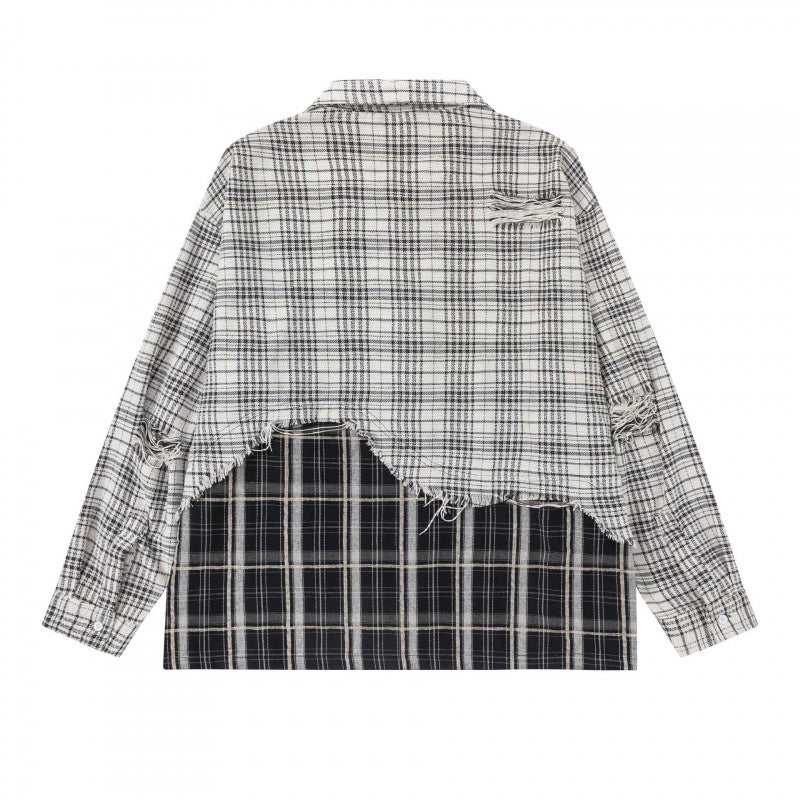 Unisex Oversize Check Shirt with Layered Look and Frayed Hem Fashion Glam