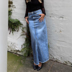 Ladies high-waisted denim maxi skirt with straight cut, decorative seams and raw fringe hem Fashion Glam