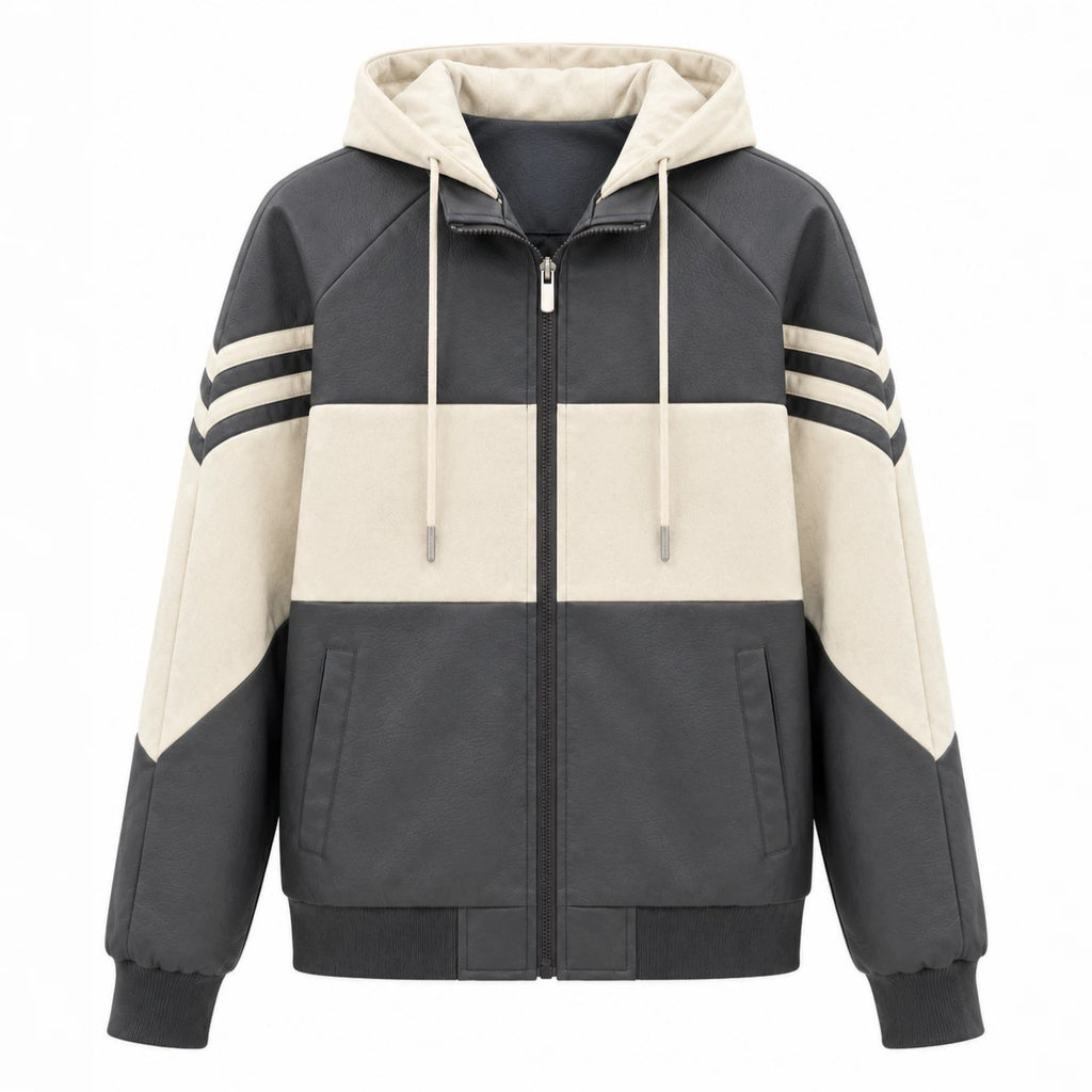 Men's Sporty Hooded Bomber with Faux Leather Look, Contrast Stripes and Zipper Fashion Glam