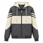 Men's Sporty Hooded Bomber with Faux Leather Look, Contrast Stripes and Zipper Fashion Glam