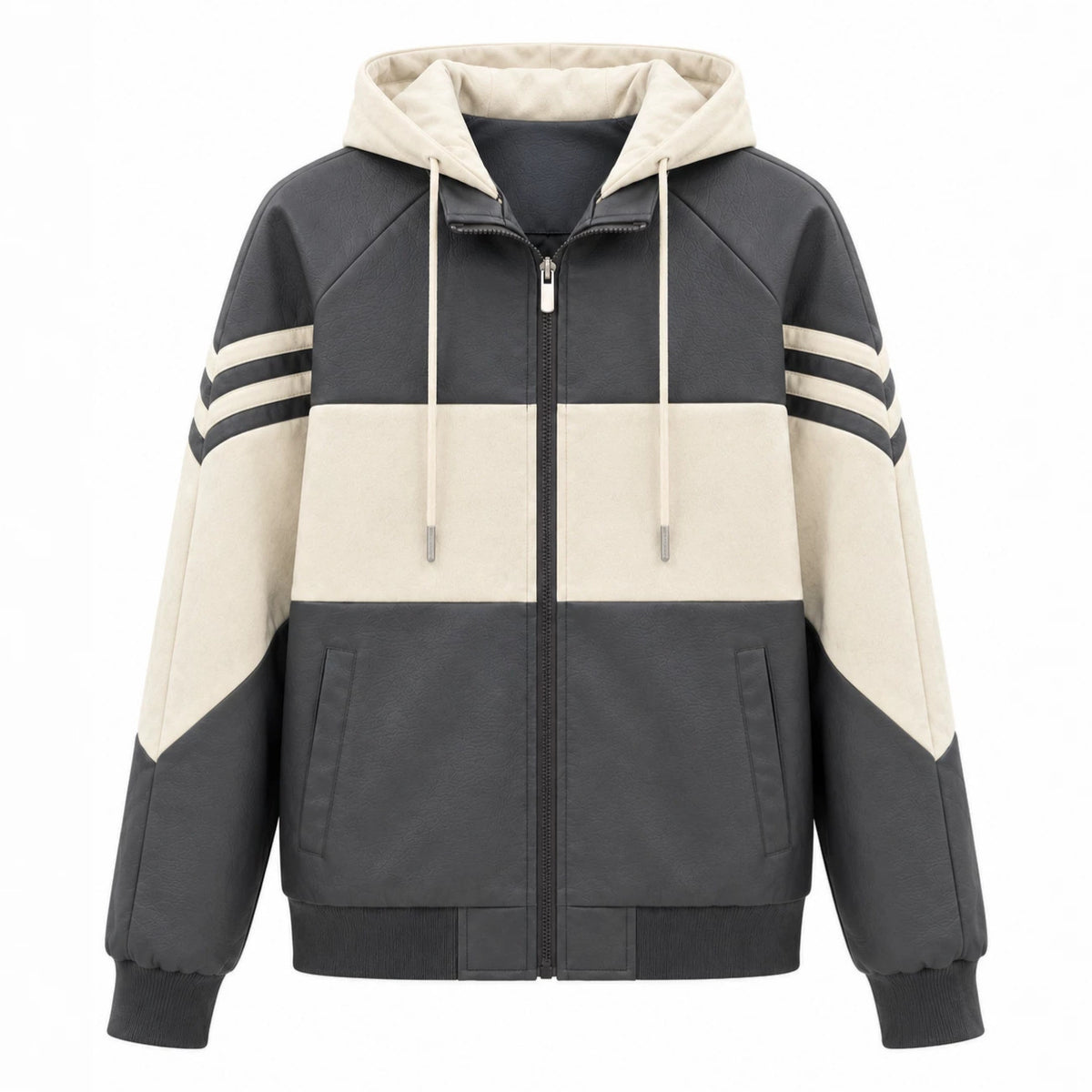 Men's Sporty Hooded Bomber with Faux Leather Look, Contrast Stripes and Zipper Fashion Glam
