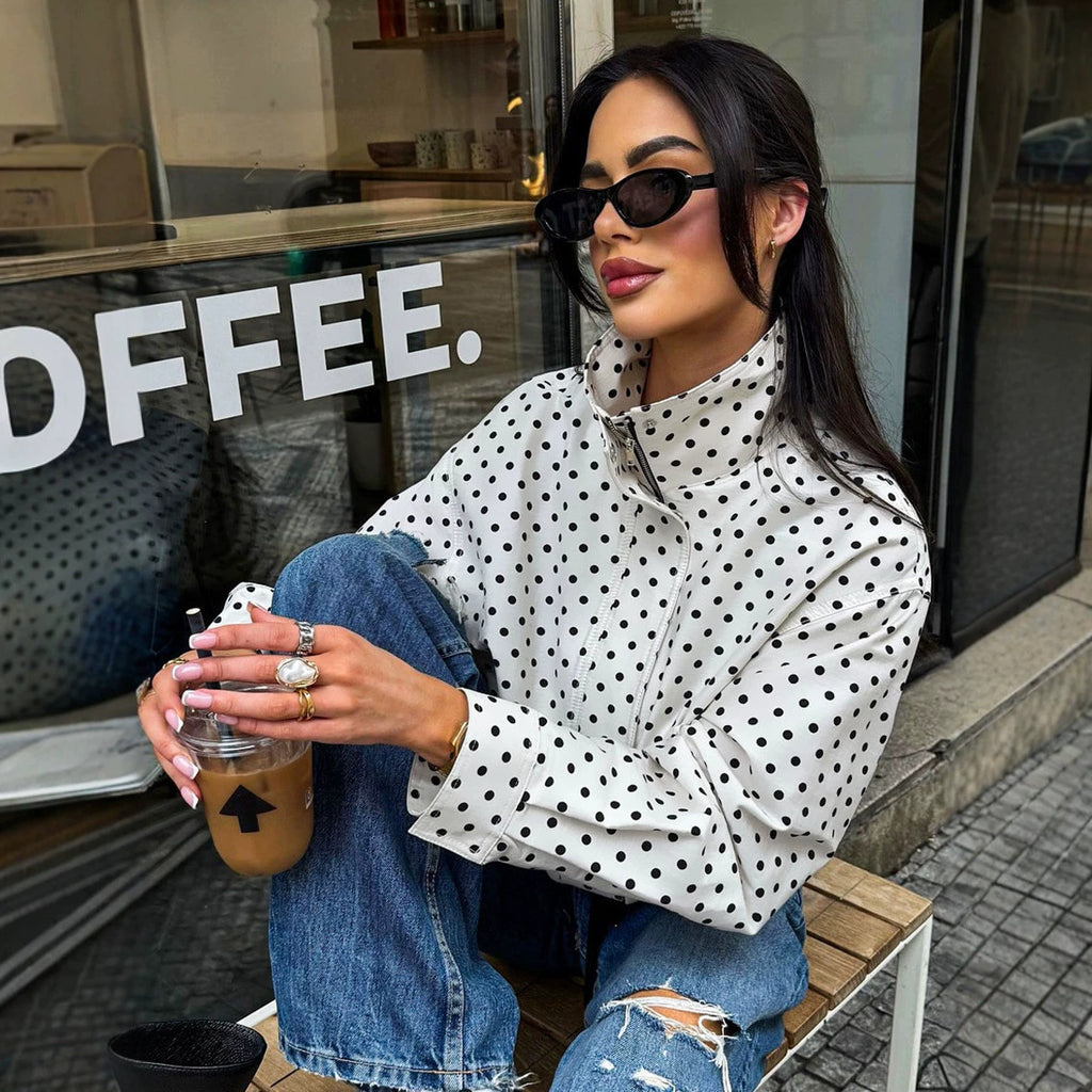 Women Short Cut Oversized Polka Dot Jacket with Stand Collar and Zipper Fashion Glam