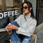 Women Short Cut Oversized Polka Dot Jacket with Stand Collar and Zipper Fashion Glam