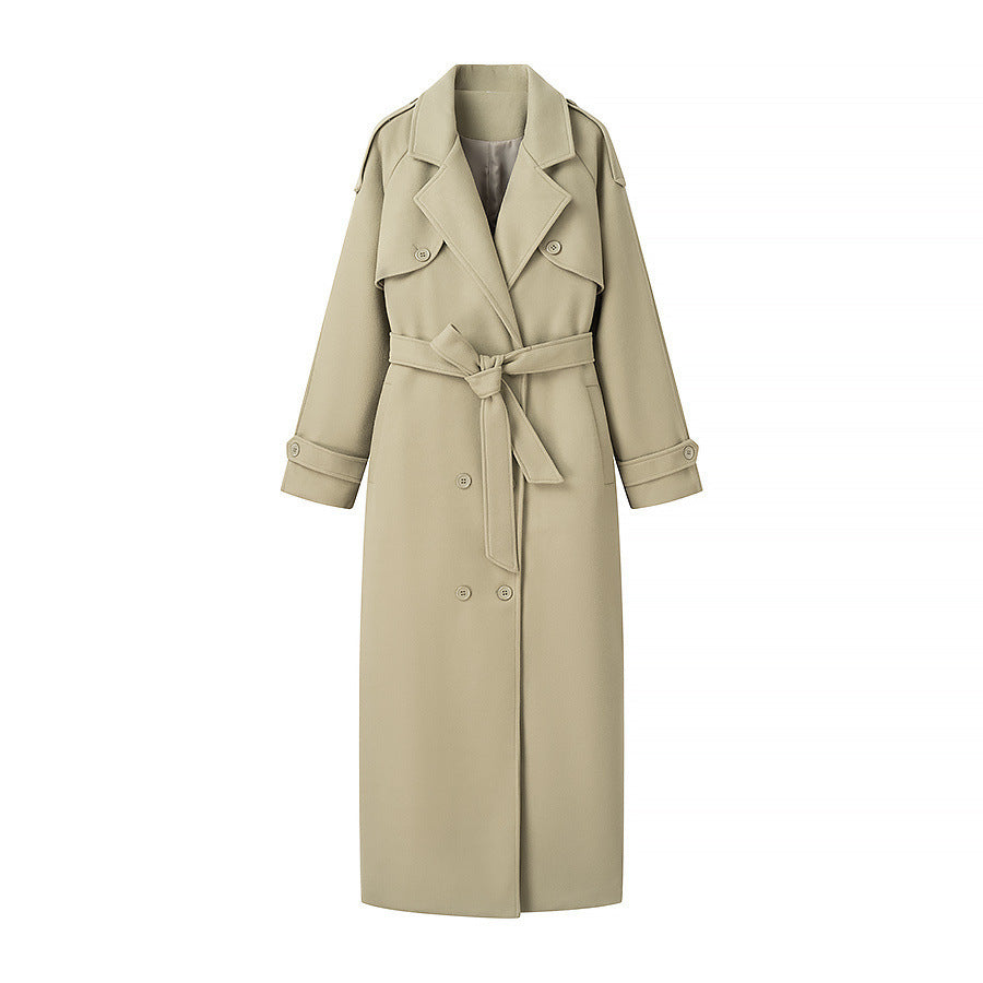Women's maxi-length wool blend trench coat with belted tie, double-breasted button placket and shoulder epaulettes Fashion Glam