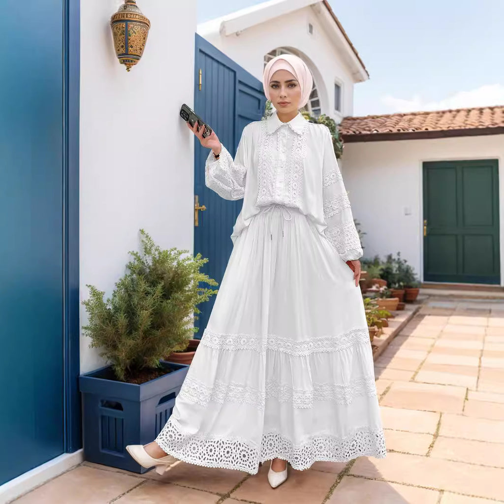 Ladies Two-Piece Embroidered Anglaise Set with Button Blouse and Tiered Maxi Skirt Fashion Glam