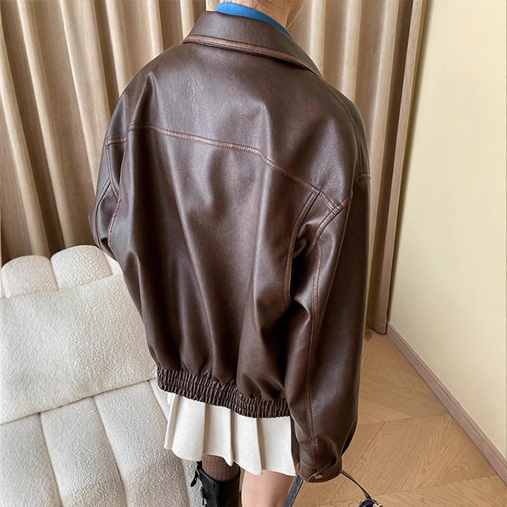 Women's Oversized Faux Leather Bomber Jacket with Shirt Collar, Zipper and Snap Button Cuffs Fashion Glam