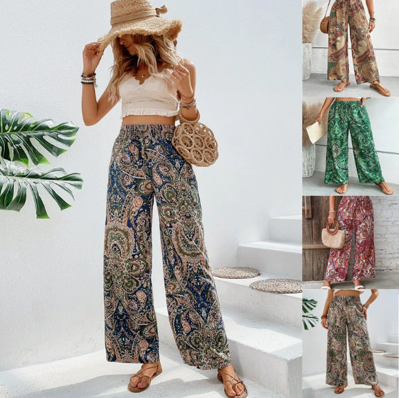 Ladies wide summer trousers in linen look with elastic waistband and paisley print Fashion Glam