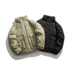 Unisex Oversized padded quilted jacket with high stand collar, large flap pockets and crinkle effect Fashion Glam