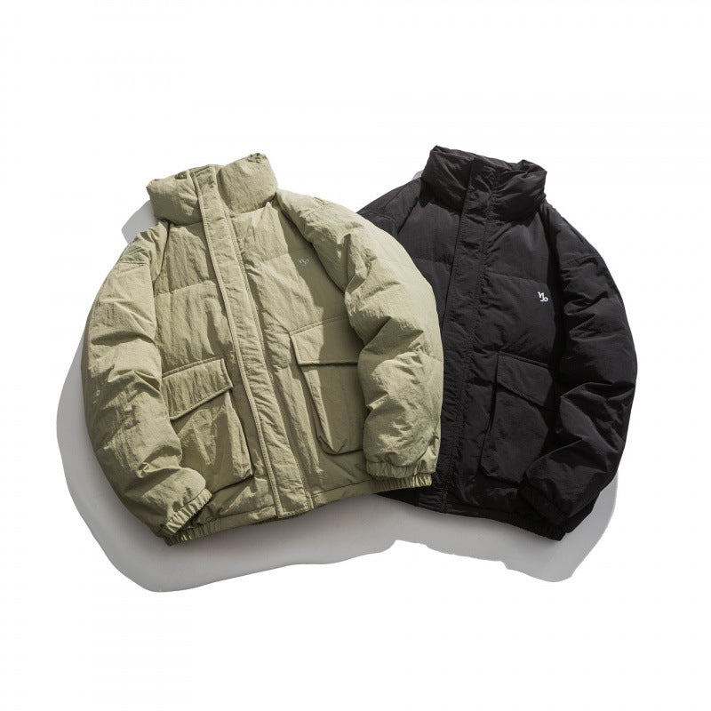 Unisex Oversized padded quilted jacket with high stand collar, large flap pockets and crinkle effect Fashion Glam