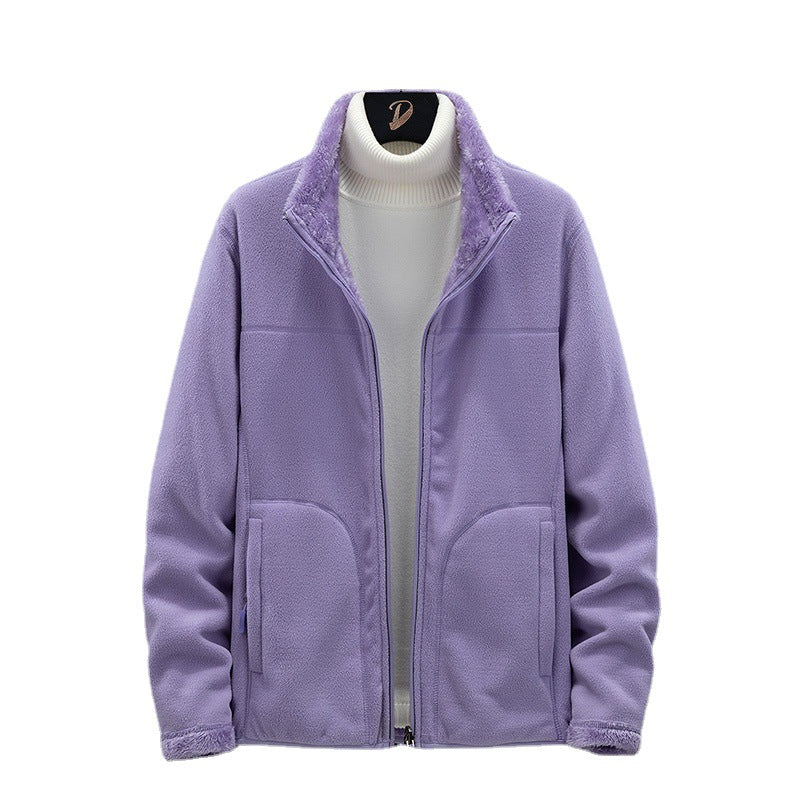 Women Cozy Fleece Jacket with Teddy Lining, Stand Collar and Two Zip Pockets Fashion Glam