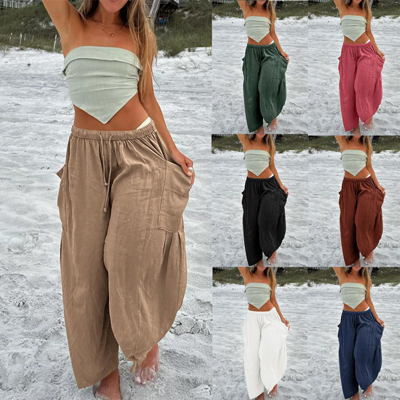 Women's High-Waisted Relaxed Cargo Pants made of Linen Blend with Drawstring and Patch Pockets Fashion Glam