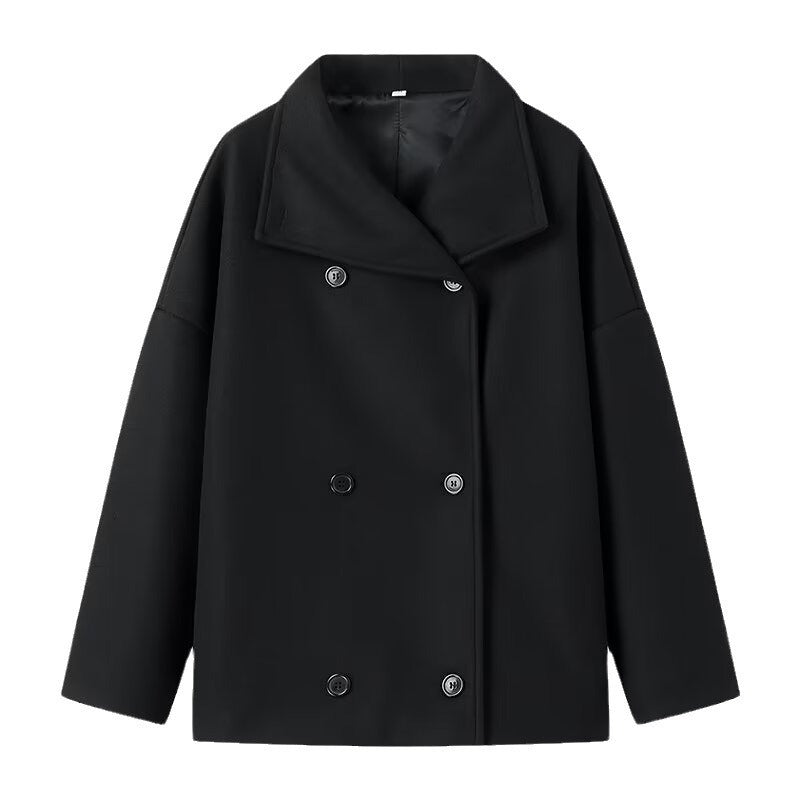 Women Oversize Short Coat in Boxy Peacoat Style with Wide Lapels and Double Breasted Fashion Glam