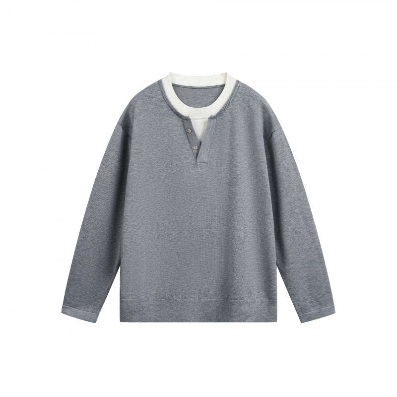Men's Lightweight Fine Knit Henley Sweater with Contrast Collar and Relaxed Fit Fashion Glam