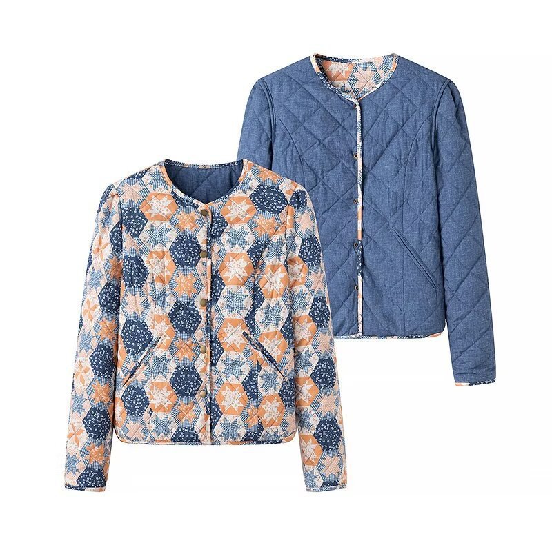 Women's Quilted Short Jacket with Graphic Patchwork Pattern Fashion Glam
