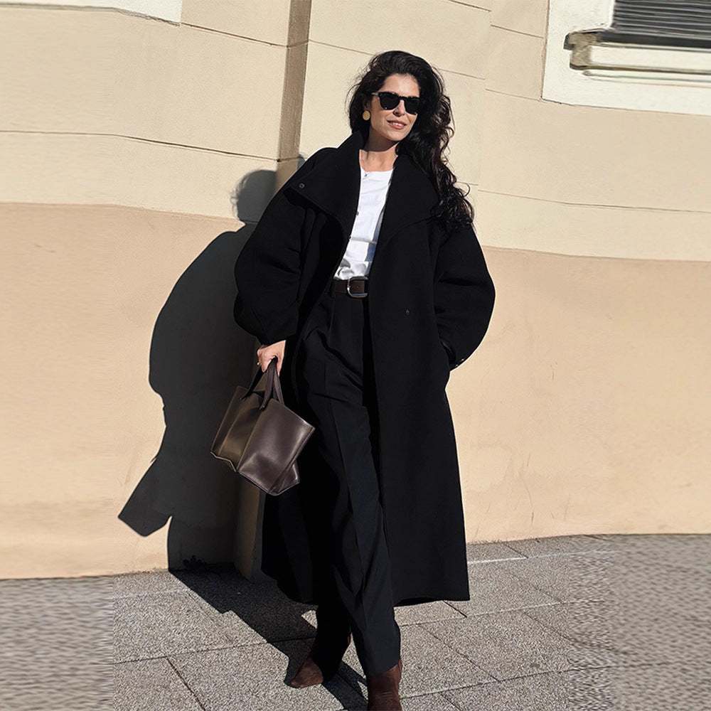 Women's Oversize Cocoon Coat with High Stand-Up Collar and Concealed Button Placket Fashion Glam